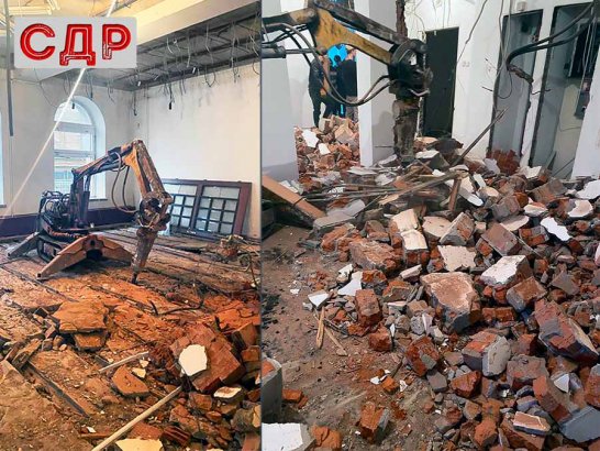 Демонтаж стен и пола с помощью гидромолота Brokk.