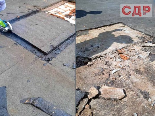 Разрезание первого слоя кровельного пирога.