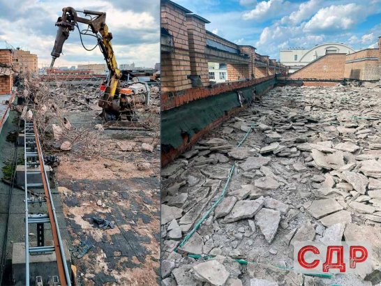 Демонтаж старой бетонной стяжки с помощью робота.