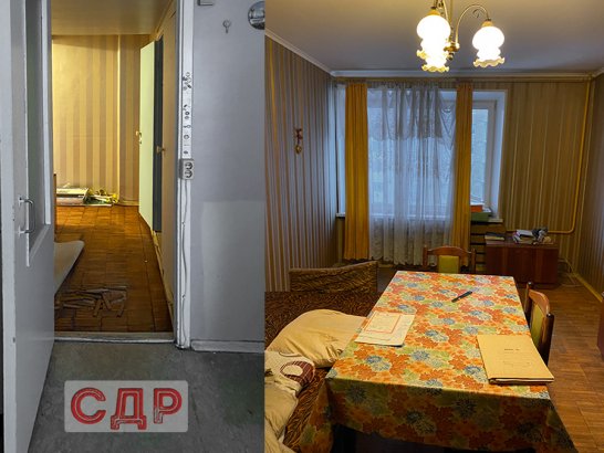 Часть кухни, коридор и комната до демонтажных работ.