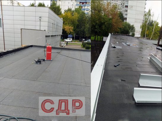 Настил новой кровли из рубероида и монтаж фальцевого парапета на крыше.